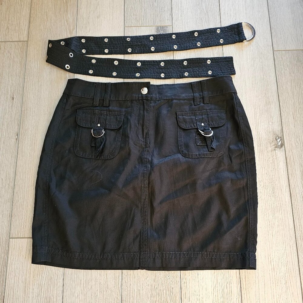 White House Black Market Black Skirt With Belt - Sz 6 - Pockets - Silver Accents